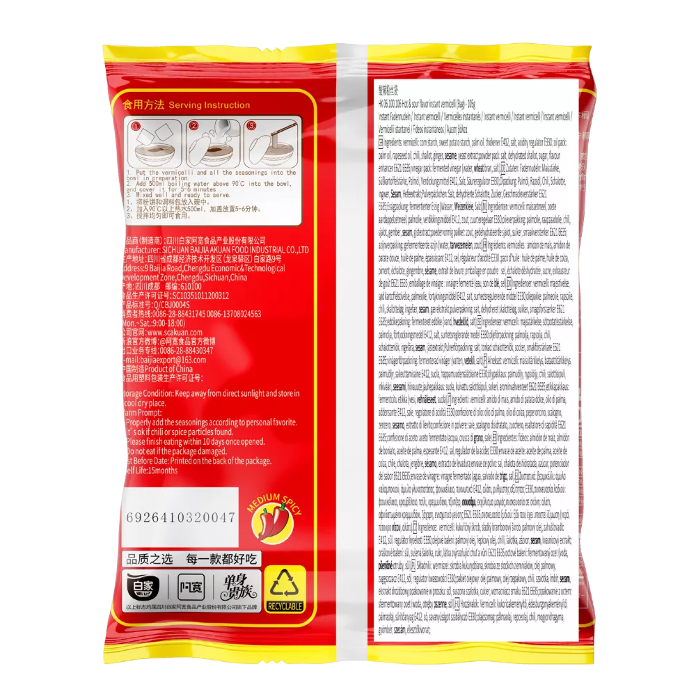 AKUAN Instant Vermicelli Hot&Sour 105G Baijia - Image 2